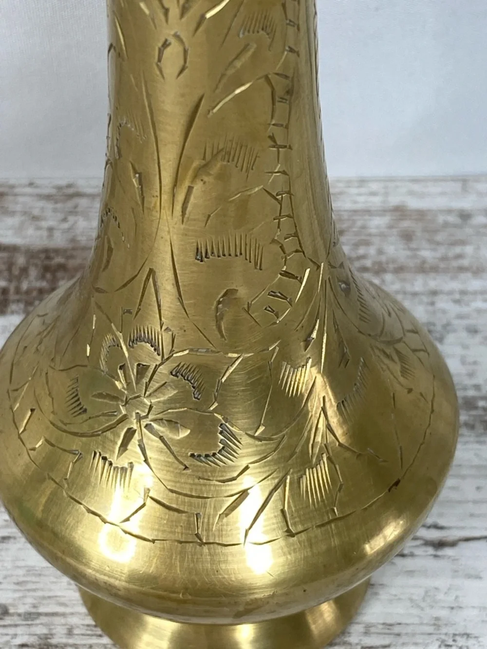 Vintage Brass Vase Etched Floral Mid Century Boho India 8.25”